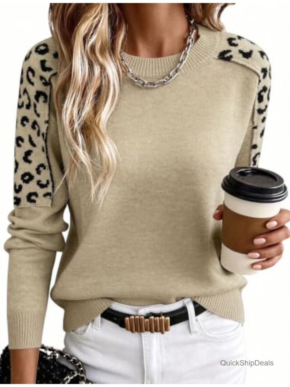 Leopard Patchwork Crew Neck Knit Pullover Sweater Long Sleeve